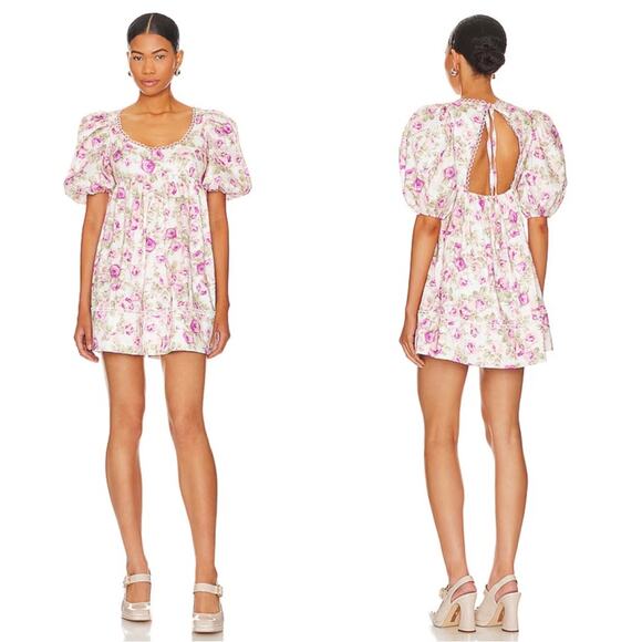 For Love & Lemons Milani Floral Puff Sleeve Babydoll Mini Dress Size Small - Picture 1 of 9